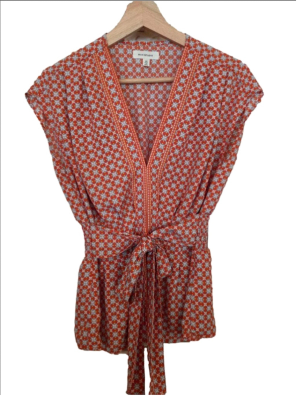 Women's MAX STUDIO Blouse XS Orange Blue Geometric Print